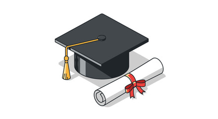 Graduation Cap and Diploma Scroll with Red Ribbon Celebrating Academic Achievement. © Maryati