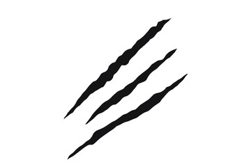 Black claw scratch mark design with four jagged slashes. Wild animal claw tearing effect for...