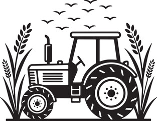 Tractor silhouette with birds isolated on white background for agricultural themes
