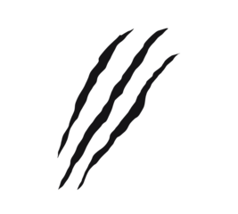 Black claw scratch mark design with four jagged slashes. Wild animal claw tearing effect for tattoos, decals, or graphic art. Symbol of strength, aggression, and primal power.