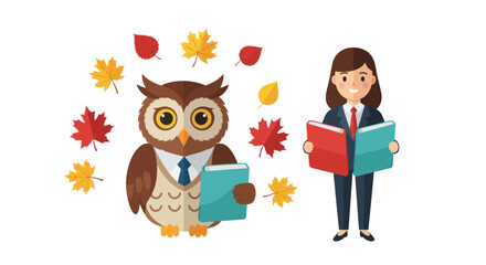 Cartoon Owl and Woman Reading Books with Autumn Leaves.