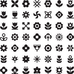 Collection of diverse flower icons isolated on white background for design use