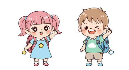 Two Adorable Cartoon Children with Backpacks Waving Hello.