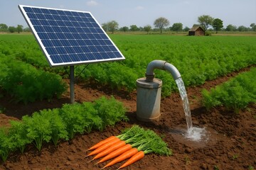 organic carrot farm with solar powered tube well irrigation in rural field