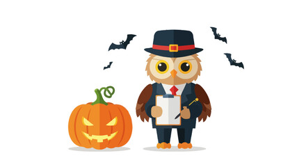 Owl Businessman with Halloween Pumpkin.