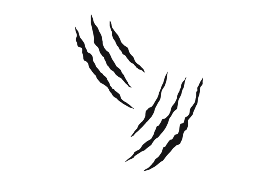 Twin claw scratch marks with jagged slashes in black. Animal-inspired ripped effect for tattoos, decals, and graphic design. Symbol of wild power, aggression, and beast energy.
