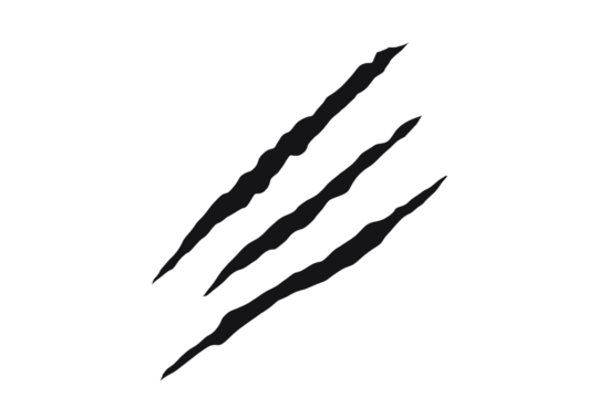 Black claw scratch mark design with four jagged slashes. Wild animal claw tearing effect for tattoos, decals, or graphic art. Symbol of strength, aggression, and primal power.