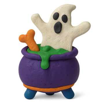 Plasticine cauldron with ghost figurine clay halloween spooky cartoon PNG
