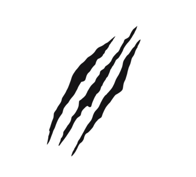 Black claw scratch mark design with four jagged slashes. Wild animal claw tearing effect for tattoos, decals, or graphic art. Symbol of strength, aggression, and primal power.