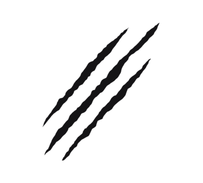 Black claw scratch mark design with four jagged slashes. Wild animal claw tearing effect for tattoos, decals, or graphic art. Symbol of strength, aggression, and primal power.