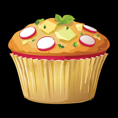 A single savory cupcake with radish slices and fresh herbs on top, a unique and delicious snack or appetizer - Vector Illustration