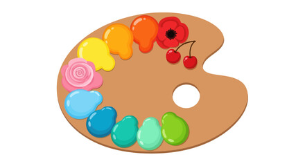Wooden Artists Palette with Colorful Paint Blobs Rose Poppy and Cherries.