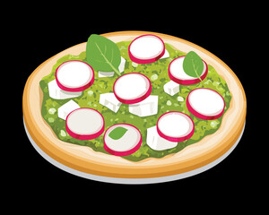  A beautiful round pizza with a light, creamy white sauce, adorned with green pesto swirls and fresh radish toppings - Vector Illustration