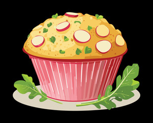  A creative and delicious savory muffin, topped with freshly sliced radishes and finely chopped chives for a unique twist - Vector Illustration