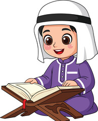 Cartoon Muslim boy reading Quran, cute child studying holy book, Islamic education illustration, religion learning, cultural tradition, religion cartoon drawing