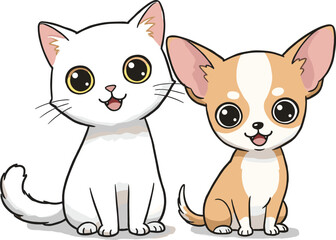 Cute cartoon cat and dog sitting together, adorable pet illustration, kawaii animal friends, white cat, chihuahua dog, happy pets
