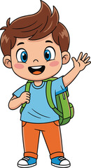 Cute cartoon school boy with backpack waving hand, happy student illustration, smiling child character, education learning vector, school design art
