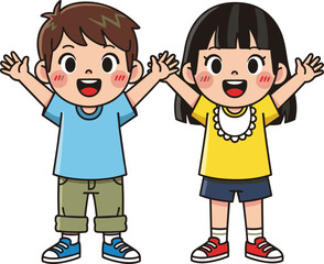 Happy cartoon boy and girl illustration, smiling kids with raised hands, cheerful children vector art, fun childhood drawing, cute friends