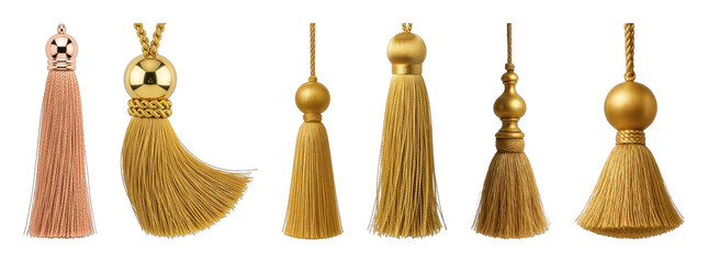 Decorative tassel set including gold and rose gold colors with various ornate finials isolated. Elegant design elements for decor, fashion, or embellishment.