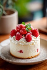A tempting raspberry cheesecake features a creamy texture topped with fresh raspberries and mint on a polished wooden surface. Sunlight softly illuminates the dessert, creating a warm atmosphere