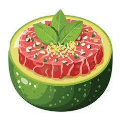 Artfully crafted raw tuna tartare dish presented atop a thick slice of fresh green watermelon, garnished with mint and basil - Vector Illustration	