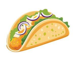 Single fish taco featuring crispy fried fish, red onion rings, and cilantro, served on a soft corn tortilla against a pale yellow background - Vector Illustration	