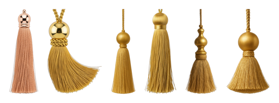 Decorative tassel set including gold and rose gold colors with various ornate finials isolated. Elegant design elements for decor, fashion, or embellishment.