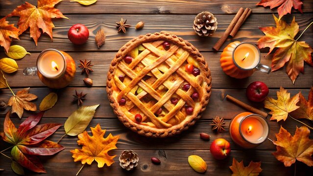A delicious latticetop apple pie sits on a rustic wooden table, surrounded by glowing candles, autumn leaves, red apples, cinnamon sticks, and pine cones for a cozy fall gathering