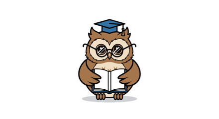Wise Owl Professor Reading Book in Graduation Cap.