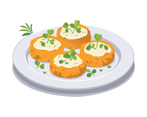 Appetizing Potato Fritters Topped with Fresh Sour Cream and Chopped Chives Served on a Clean Minimalist Plate - Vector Illustration	
