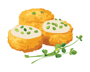 Three Golden Brown Salmon or Fish Cakes Topped with a Dollop of Sour Cream and Fresh Chopped Green Herbs - Vector Illustration	