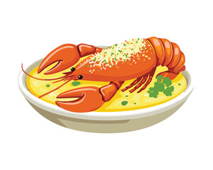 Classic creamy macaroni and cheese baked to perfection, topped with a cooked red lobster piece and a dusting of grated cheese in a simple brown bowl - Vector Illustration.

