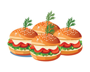appetizing mini lobster or crawfish sliders, stacked high with lettuce, tomato, cheese, and sesame seed buns, ready for a party - Vector Illustration.