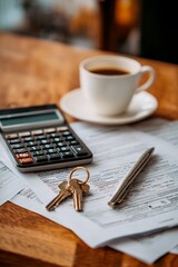 A warm cup of coffee rests beside a calculator and keys, surrounded by important documents on a wooden table. The scene reflects a productive morning of planning and organizing