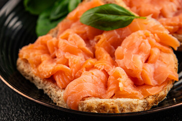sandwich salmon smoked fish open sandwich delicious fresh portion size natural product tasty snack fresh delicious gourmet food background on the table rustic top view copy space pescetarian diet