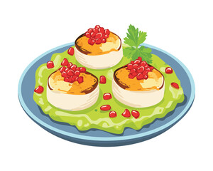 Gourmet deviled egg halves, topped with bright orange caviar and jewel-toned pomegranate seeds, served on a sweet green pea puree - Vector Illustration.