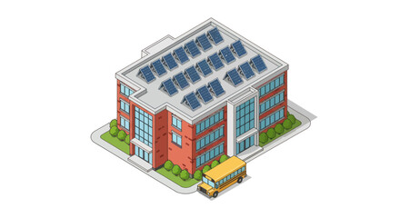 Modern School Building with Solar Panels and Yellow Bus.