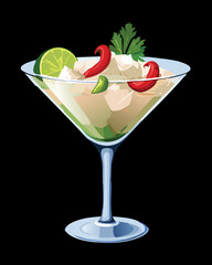 Chilled and spicy ceviche cocktail with white fish or shrimp, served in a classic martini glass with red chili, fresh lime, and cilantro garnish - Vector Illustration.

