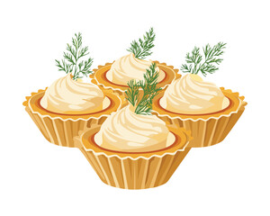 Close-up of elegant savory tartlets topped with a swirling, fluffy white seafood mousse or cream cheese, ready to be served as an appetizer - Vector Illustration.


