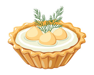 Single large savory tart with a flaky crust, filled with a creamy white egg or cheese mixture, beautifully garnished with fresh dill sprigs - Vector Illustration.