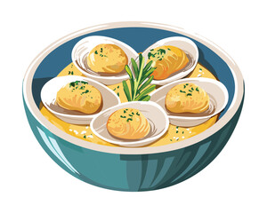 Exotic Asian-inspired dish: several clams or mussels served in their shells on a bed of yellow rice, surrounded by a light, flavorful broth - Vector Illustration.

