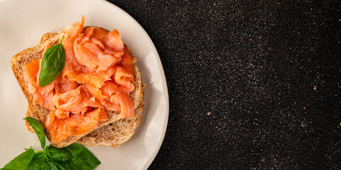 sandwich salmon smoked fish open sandwich delicious fresh portion size natural product tasty snack fresh delicious gourmet food background on the table rustic top view copy space pescetarian diet