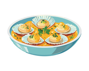 Classic Coquilles Saint-Jacques or baked scallops, served in their shells with a rich creamy sauce and fresh parsley garnish in a shallow bowl - Vector Illustration.