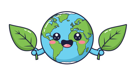Happy Cartoon Earth Holding Green Leaves.