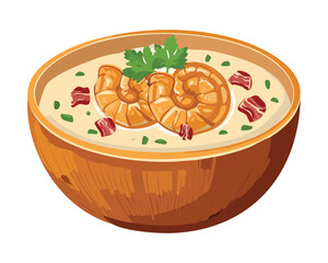 Creamy seafood chowder in a rustic wooden bowl with shrimp, clams, and herbs for a warm meal - Vector Illustration