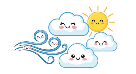 Cute Cartoon Sun Clouds and Wind Illustration.