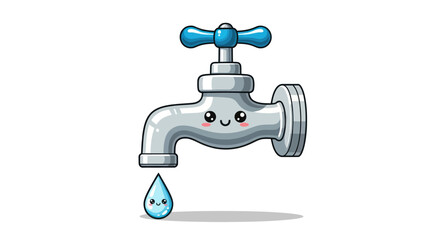 Cute Cartoon Faucet with a Water Drop and Smiling Face.