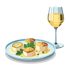 Elegant dish of seared scallops on mini potato cakes (or blini) paired with a glass of crisp white wine - Vector Illustration	