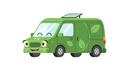 Cute Green Cartoon Electric Van with Solar Panel and Leaf Decals.