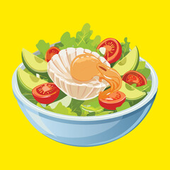 Fresh and vibrant salad featuring lettuce, avocado, cherry tomatoes, and a grilled scallop in a blue bowl - Vector Illustration	